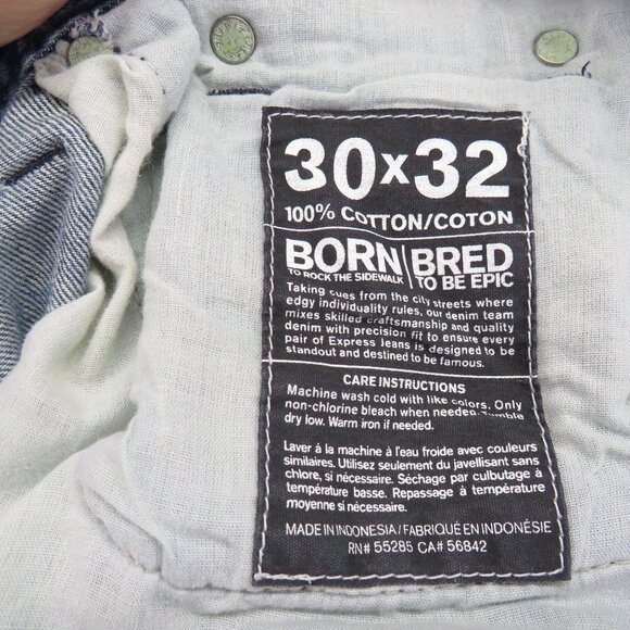 Express Rocco Jeans Mens Size 30 x 32 Distressed Bootcut Blue Denim Button Flap - Picture 7 of 11
